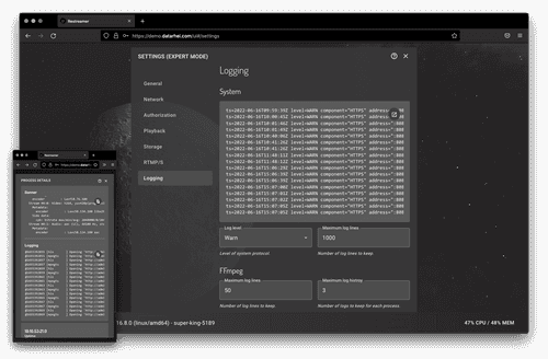 Shows the many setting options and the process details.